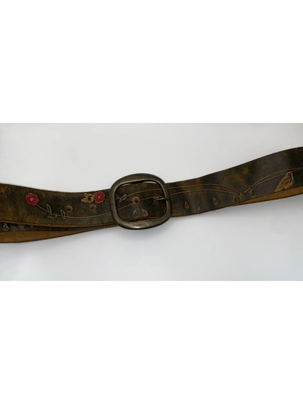 Vintage TYCHIOS LEATHER Belt-Brass Buckle-Hand Tooled/Painted-SZ 34-Portland, OR - Picture 4 of 9